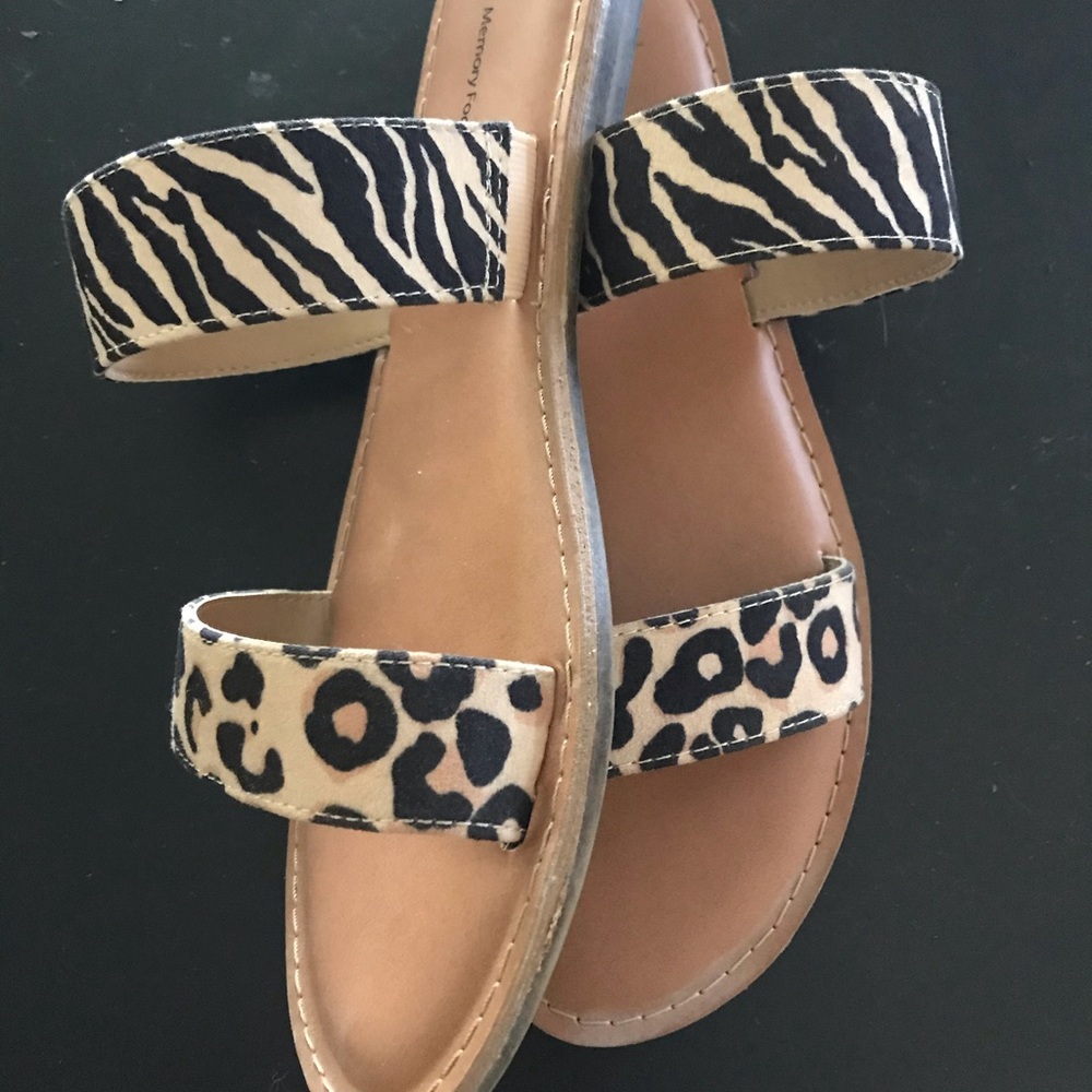 Black/tan Cheetah and zebra print slip on sandals